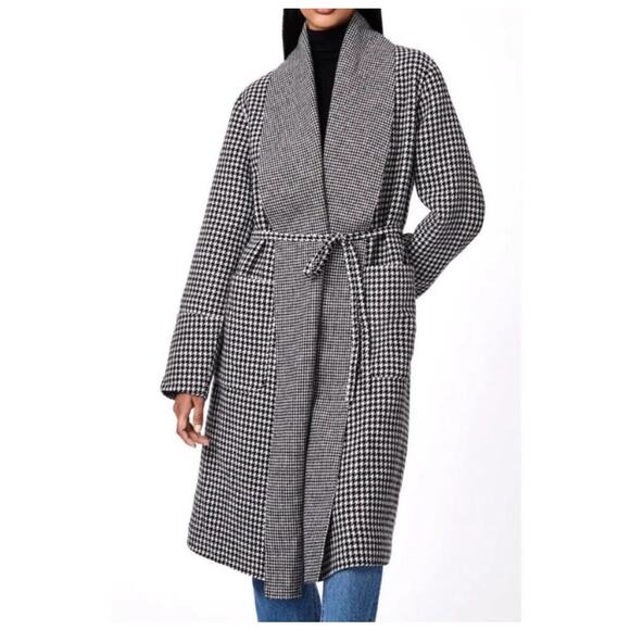 Bernardo Jackets & Blazers - Bernardo Houndstooth Double Face Longline Coat Wool Blend Belted Wrap